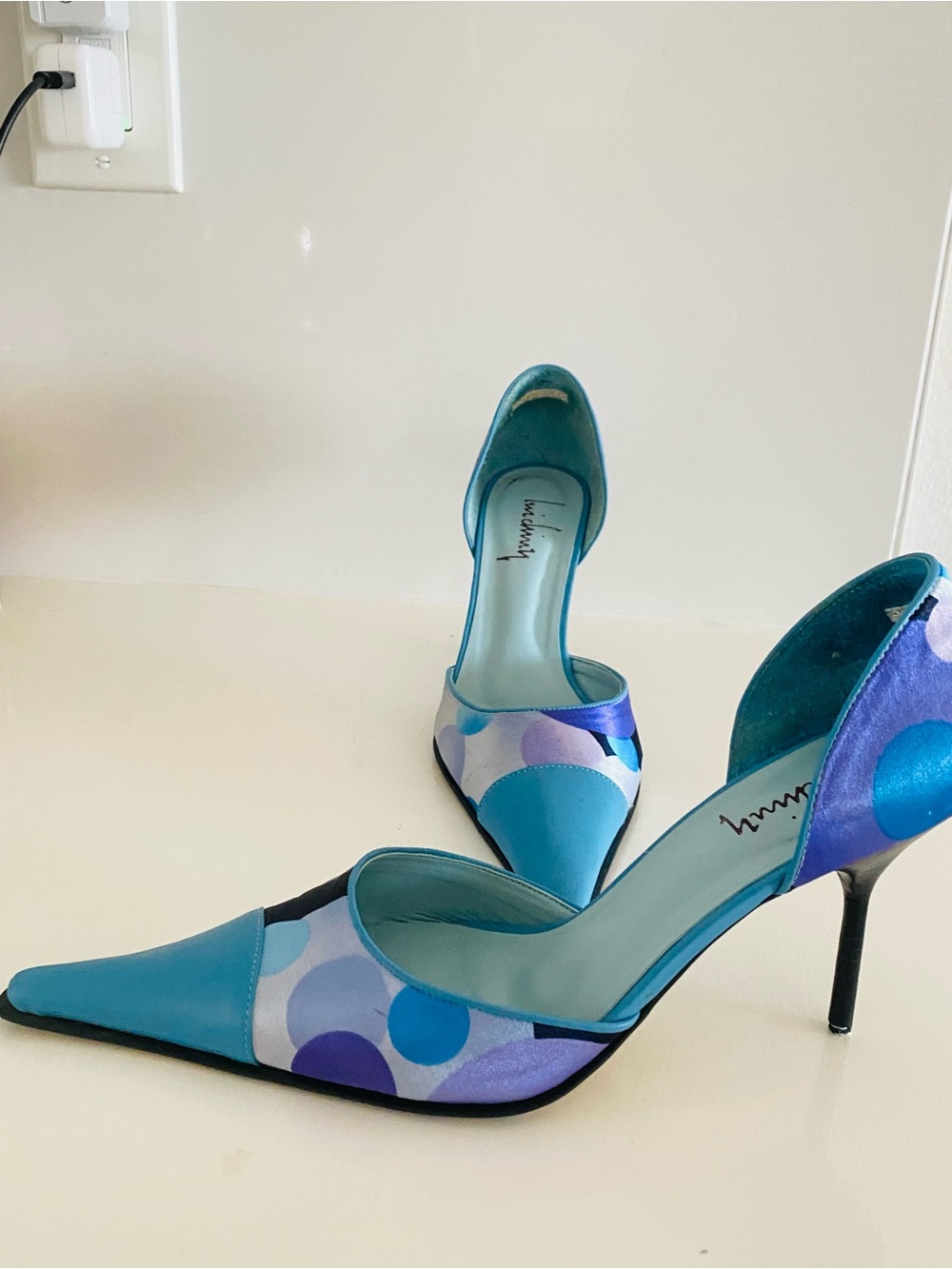 Signature D'Orsay Pointed-Toe Heels in Teal and Purple
